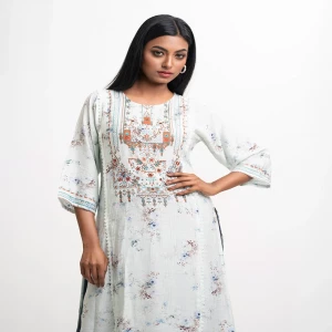 Green Cotton-blend Patterned Kameez